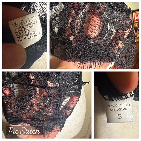 Black lace cropped cami with sheer cutouts, adjustable straps, soft cups sz S - Picture 4 of 5